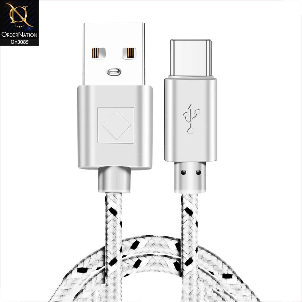 White - 2M - Type-C - Premium Quality Braided Wire Type-C USB Cable Sync Nylon Woven Charger Cord
