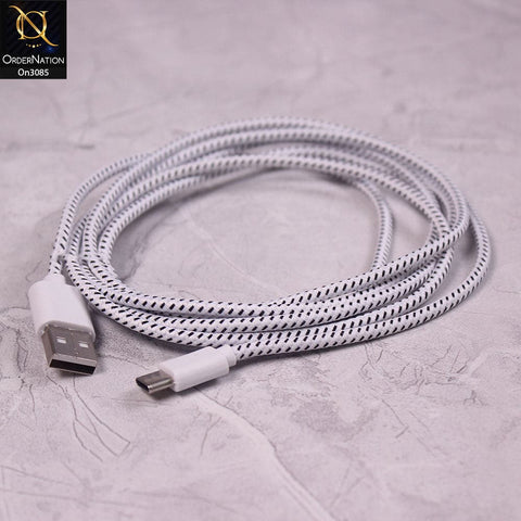 White - 2M - Type-C - Premium Quality Braided Wire Type-C USB Cable Sync Nylon Woven Charger Cord