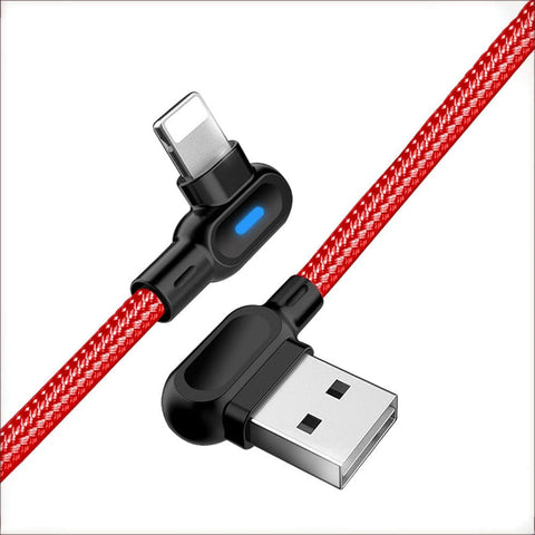 Red - 1M - Lightning - Long Cord 90 Degree Usb Data Braided Led Lightning Usb Charging Cable