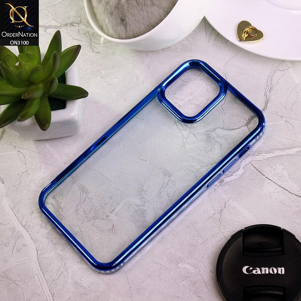 iPhone 12 Pro Max Cover - Blue - New Electroplating Color Border Lines Evo Clear Scratch Resistant Soft Case
