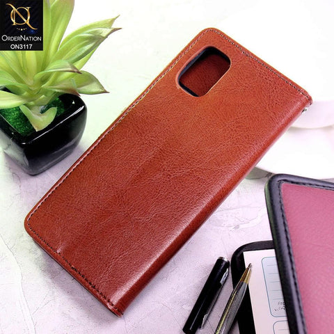 Samsung Galaxy A31 Cover - Brown - Shockproof Leather Magnetic Kickstand Wallet Flipbook With Card Holder Slots Case