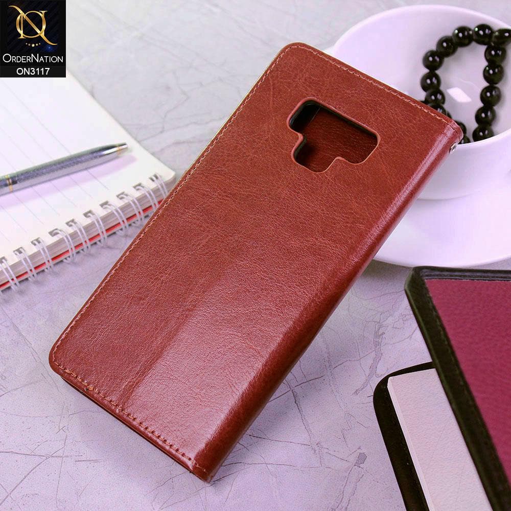 Samsung Galaxy Note 9 Cover - Brown - Shockproof Leather Magnetic Kickstand Wallet Flipbook With Card Holder Slots Case