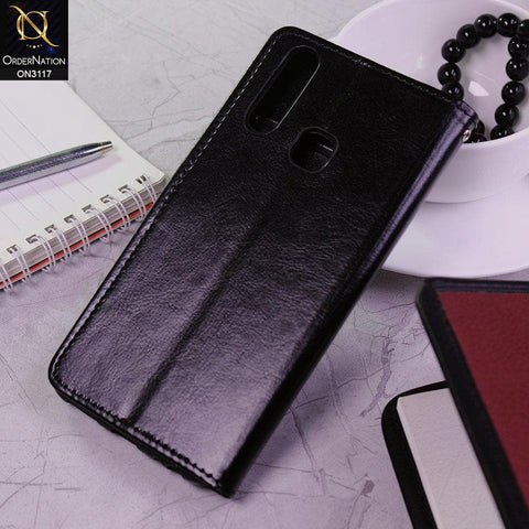 Vivo Y15 Cover - Black - Shockproof Leather Magnetic Kickstand Wallet Flipbook With Card Holder Slots Case