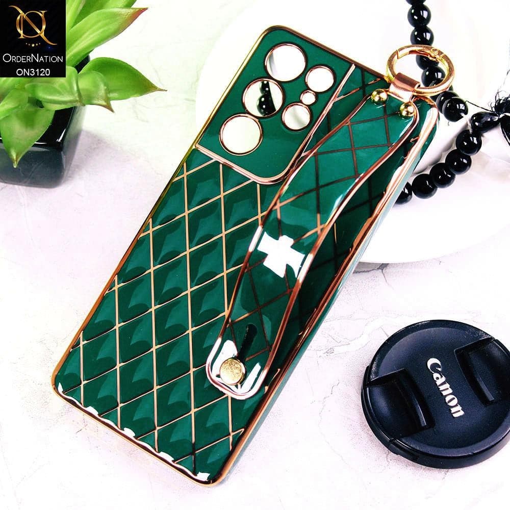 Samsung Galaxy S21 Ultra 5G Cover - Green - Luxury Gold Plating Diamond Cut Wristband Holder Soft Shiny Silicone Case