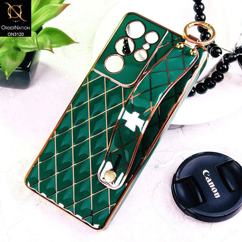 Samsung Galaxy S21 Ultra 5G Cover - Green - Luxury Gold Plating Diamond Cut Wristband Holder Soft Shiny Silicone Case