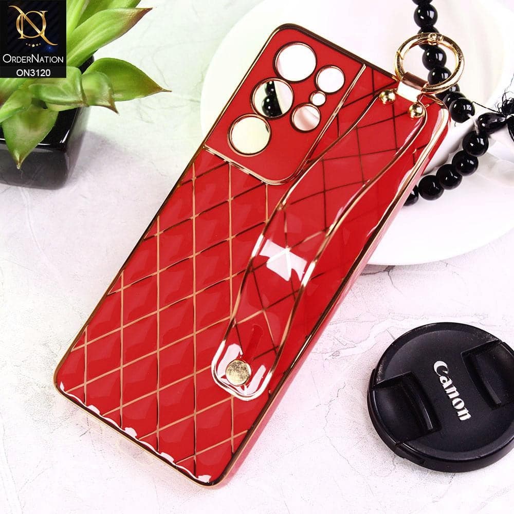 Samsung Galaxy S21 Ultra 5G Cover - Red - Luxury Gold Plating Diamond Cut Wristband Holder Soft Shiny Silicone Case