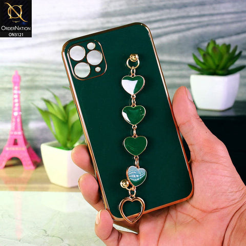 iPhone 11 Pro Max Cover - Green - Electroplating Shiny Soft TPU Case with Love Heart Chain Bracelet Holder
