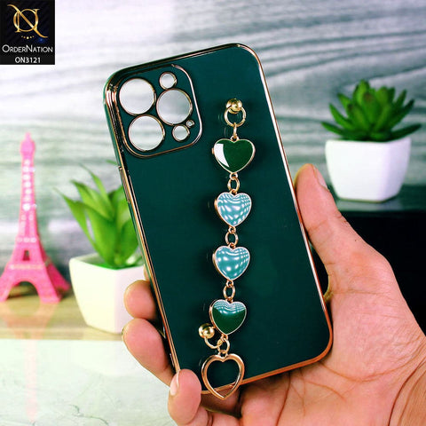 iPhone 12 Pro Max Cover - Green - Electroplating Shiny Soft TPU Case with Love Heart Chain Bracelet Holder