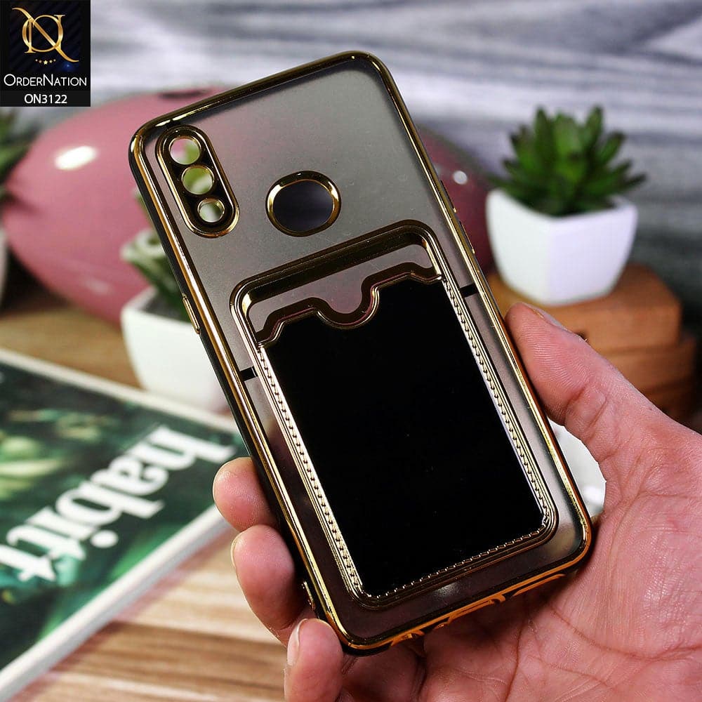 Samsung Galaxy A10s Cover - Black - Semi Transparent Golden Electroplated Soft Border Camera Protection Case With Card Holder