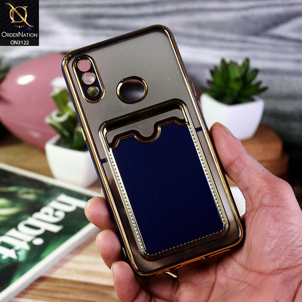 Samsung Galaxy A10s Cover - Blue - Semi Transparent Golden Electroplated Soft Border Camera Protection Case With Card Holder