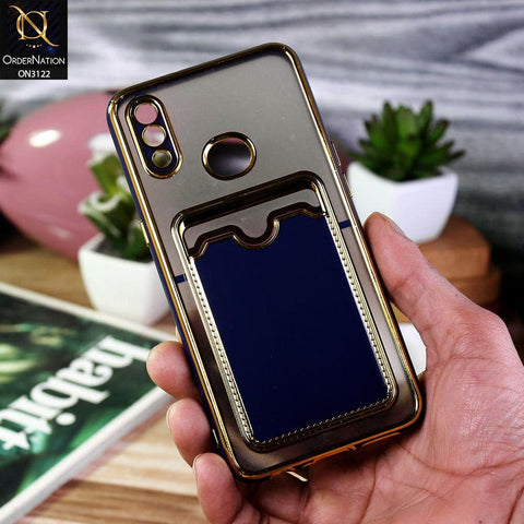 Samsung Galaxy A10s Cover - Blue - Semi Transparent Golden Electroplated Soft Border Camera Protection Case With Card Holder