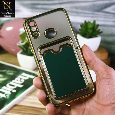 Samsung Galaxy A10s Cover - Dark Green - Semi Transparent Golden Electroplated Soft Border Camera Protection Case With Card Holder