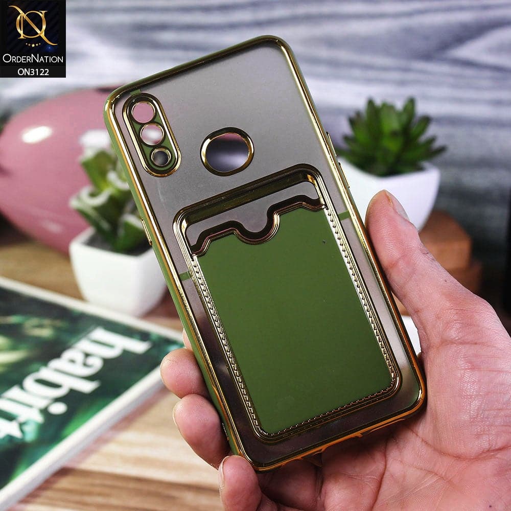 Samsung Galaxy A10s Cover - Light Green - Semi Transparent Golden Electroplated Soft Border Camera Protection Case With Card Holder