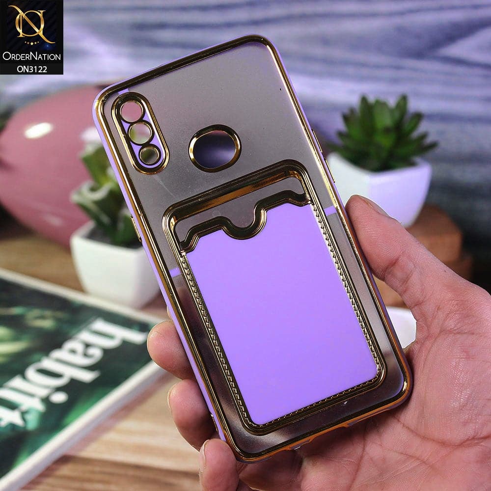 Samsung Galaxy A10s Cover - Purple - Semi Transparent Golden Electroplated Soft Border Camera Protection Case With Card Holder