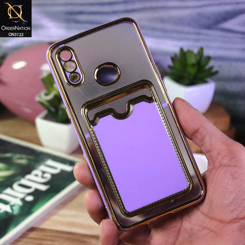 Samsung Galaxy A10s Cover - Purple - Semi Transparent Golden Electroplated Soft Border Camera Protection Case With Card Holder