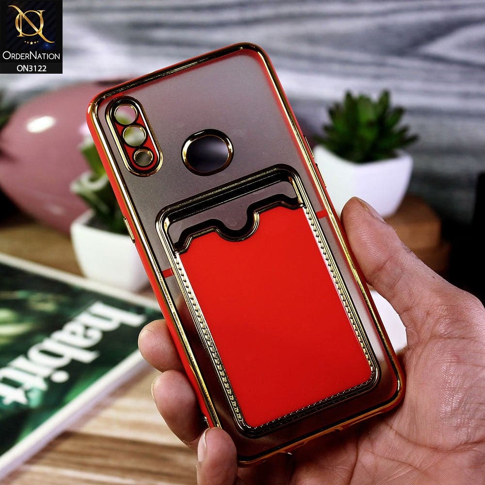 Samsung Galaxy A10s Cover - Red - Semi Transparent Golden Electroplated Soft Border Camera Protection Case With Card Holder