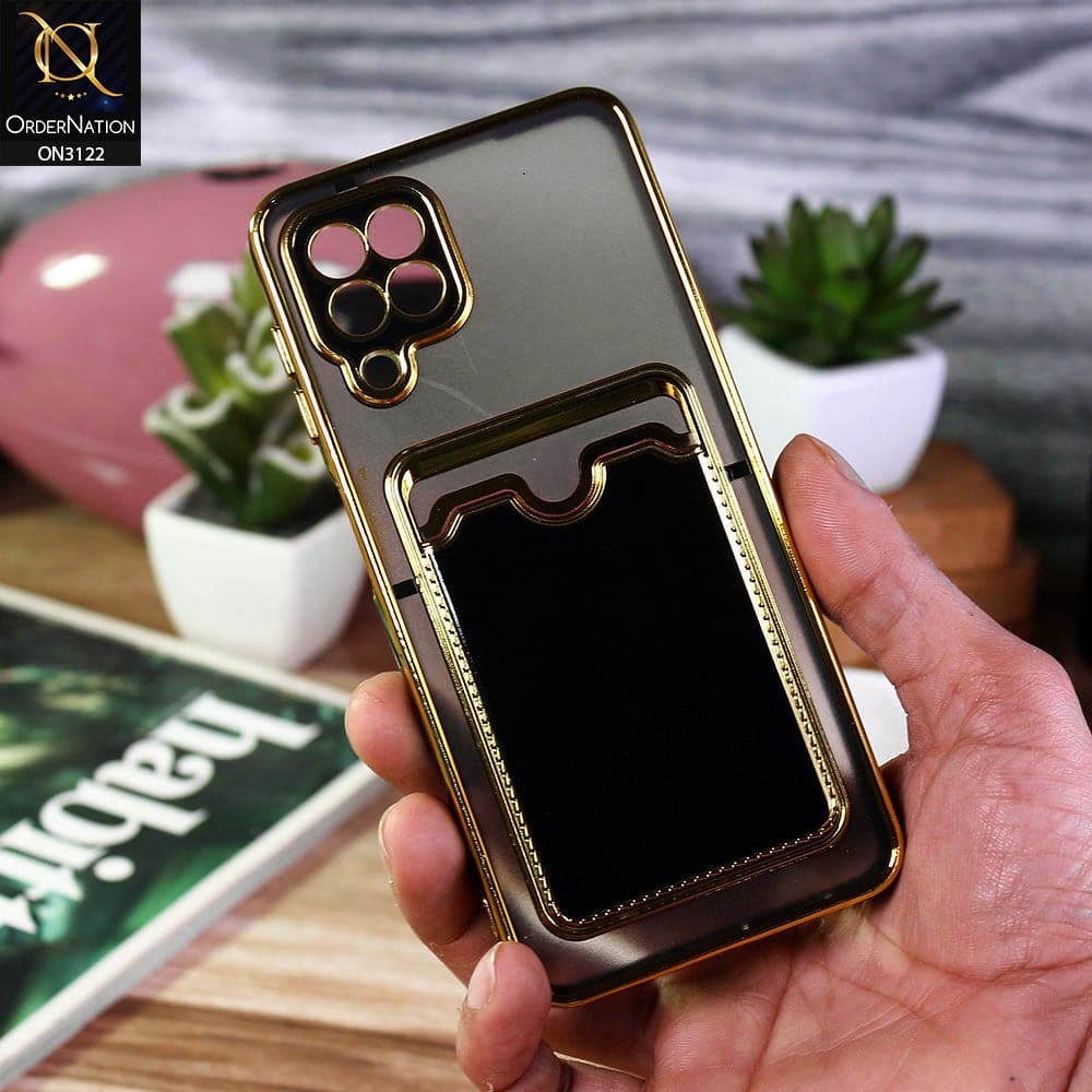 Samsung Galaxy M22 Cover - Black - Semi Transparent Golden Electroplated Soft Border Camera Protection Case With Card Holder