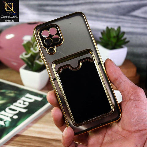 Samsung Galaxy M22 Cover - Black - Semi Transparent Golden Electroplated Soft Border Camera Protection Case With Card Holder