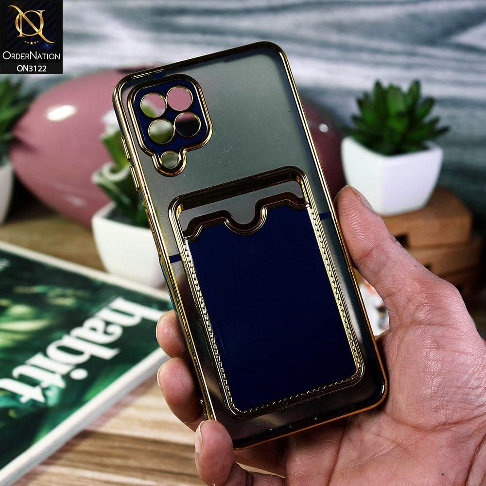 Samsung Galaxy A22 Cover - Blue - Semi Transparent Golden Electroplated Soft Border Camera Protection Case With Card Holder