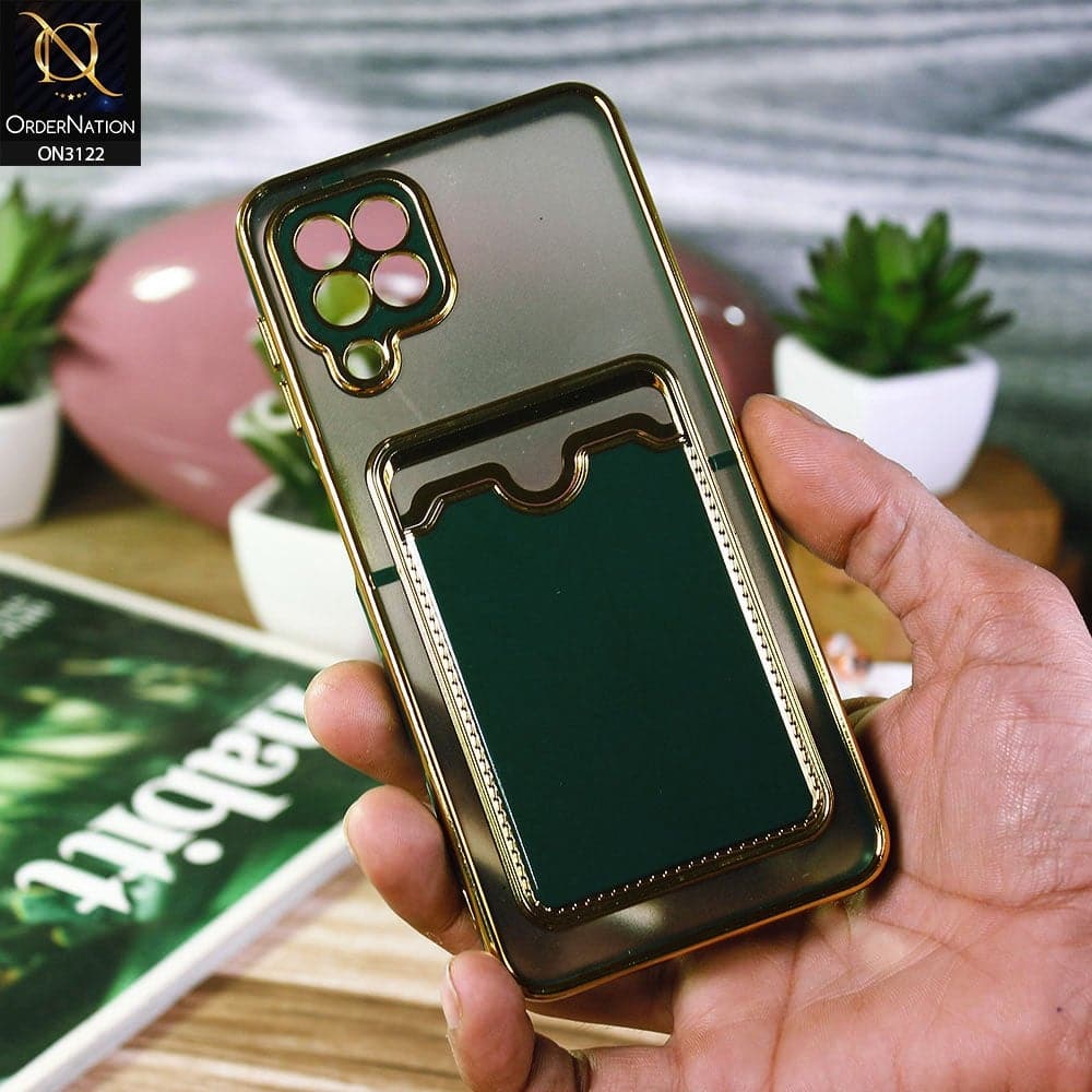 Samsung Galaxy A22 Cover - Dark Green - Semi Transparent Golden Electroplated Soft Border Camera Protection Case With Card Holder