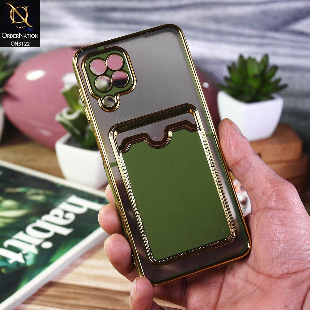 Samsung Galaxy M22 Cover - Light Green - Semi Transparent Golden Electroplated Soft Border Camera Protection Case With Card Holder