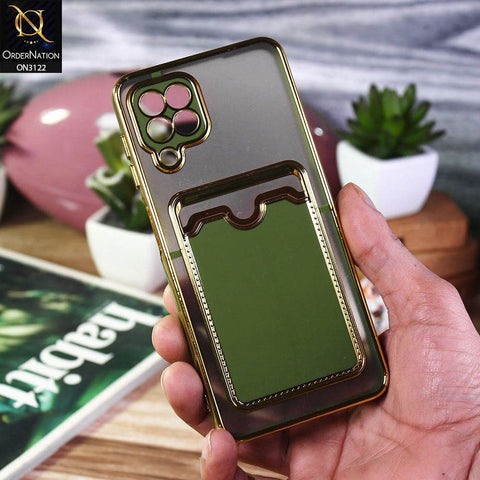 Samsung Galaxy M22 Cover - Light Green - Semi Transparent Golden Electroplated Soft Border Camera Protection Case With Card Holder