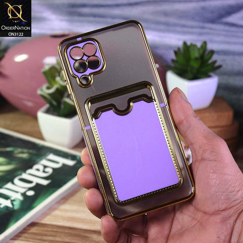 Samsung Galaxy M22 Cover - Purple - Semi Transparent Golden Electroplated Soft Border Camera Protection Case With Card Holder