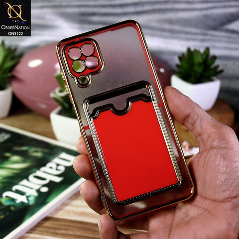 Samsung Galaxy M22 Cover - Red - Semi Transparent Golden Electroplated Soft Border Camera Protection Case With Card Holder