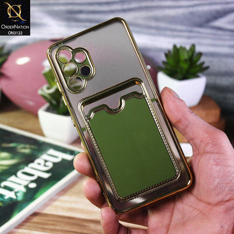 Samsung Galaxy A32 Cover - Light Green - Semi Transparent Golden Electroplated Soft Border Camera Protection Case With Card Holder
