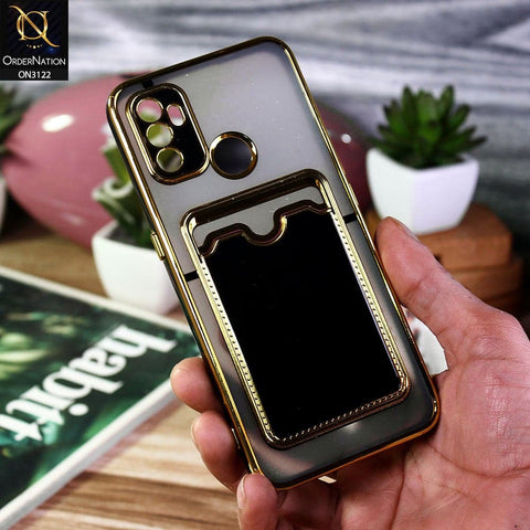 Oppo A53 Cover - Black - Semi Transparent Golden Electroplated Soft Border Camera Protection Case With Card Holder