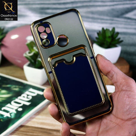 Oppo A53s Cover - Blue - Semi Transparent Golden Electroplated Soft Border Camera Protection Case With Card Holder