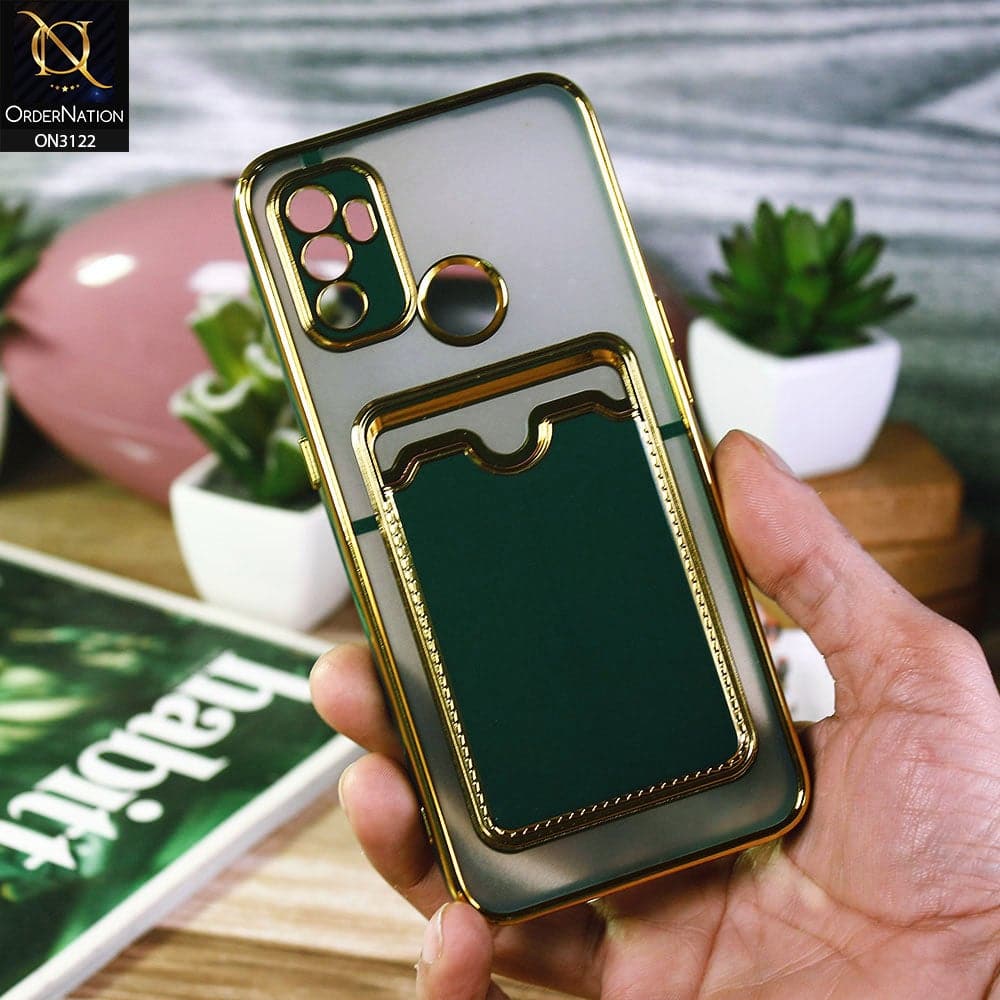 Oppo A53s Cover - Dark Green - Semi Transparent Golden Electroplated Soft Border Camera Protection Case With Card Holder