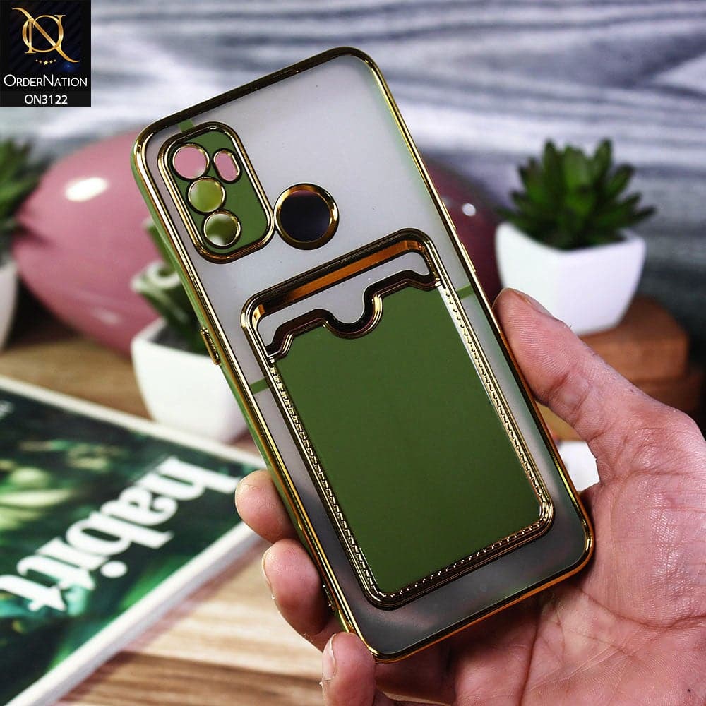 Oppo A53s Cover - Light Green - Semi Transparent Golden Electroplated Soft Border Camera Protection Case With Card Holder