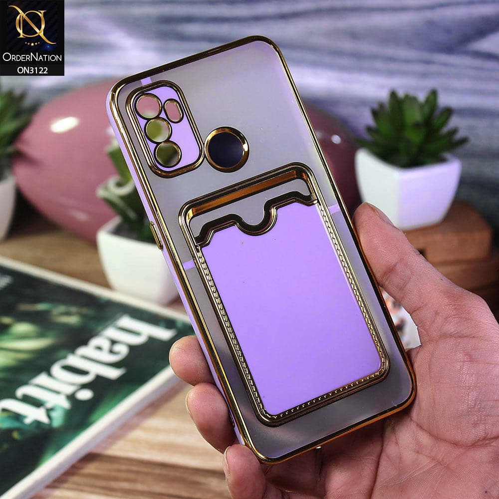 Oppo A53 Cover - Purple - Semi Transparent Golden Electroplated Soft Border Camera Protection Case With Card Holder
