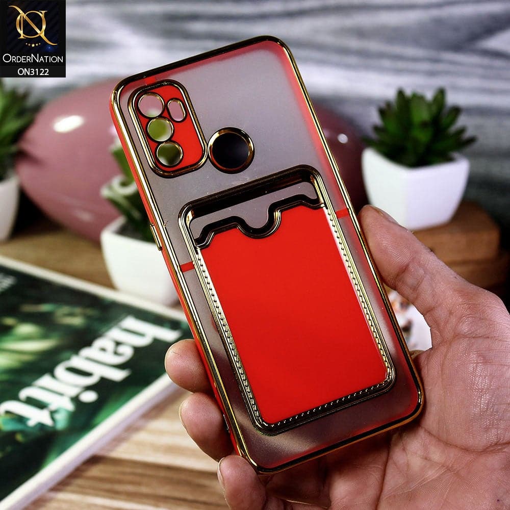 Oppo A53 Cover - Red - Semi Transparent Golden Electroplated Soft Border Camera Protection Case With Card Holder