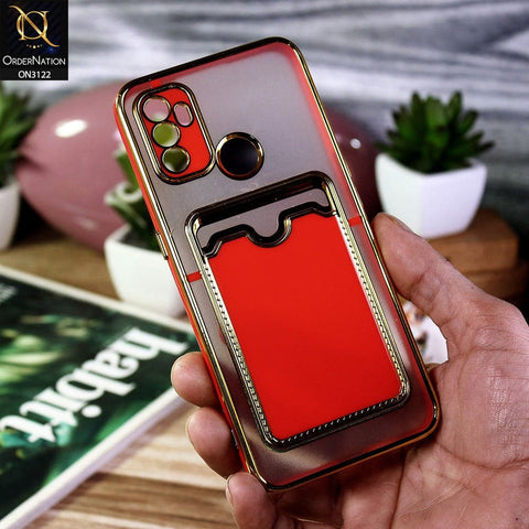 Oppo A53 Cover - Red - Semi Transparent Golden Electroplated Soft Border Camera Protection Case With Card Holder
