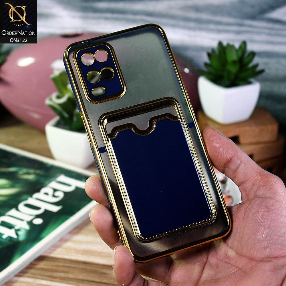 Oppo A54 4G Cover - Blue - Semi Transparent Golden Electroplated Soft Border Camera Protection Case With Card Holder