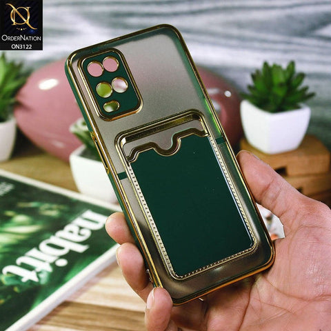 Oppo A54 4G Cover - Dark Green - Semi Transparent Golden Electroplated Soft Border Camera Protection Case With Card Holder