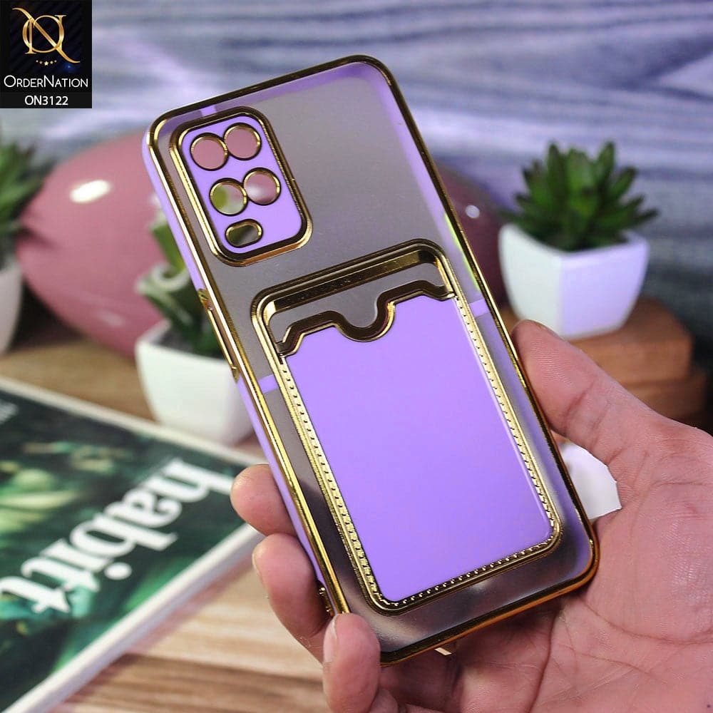 Oppo A54 4G Cover - Purple - Semi Transparent Golden Electroplated Soft Border Camera Protection Case With Card Holder