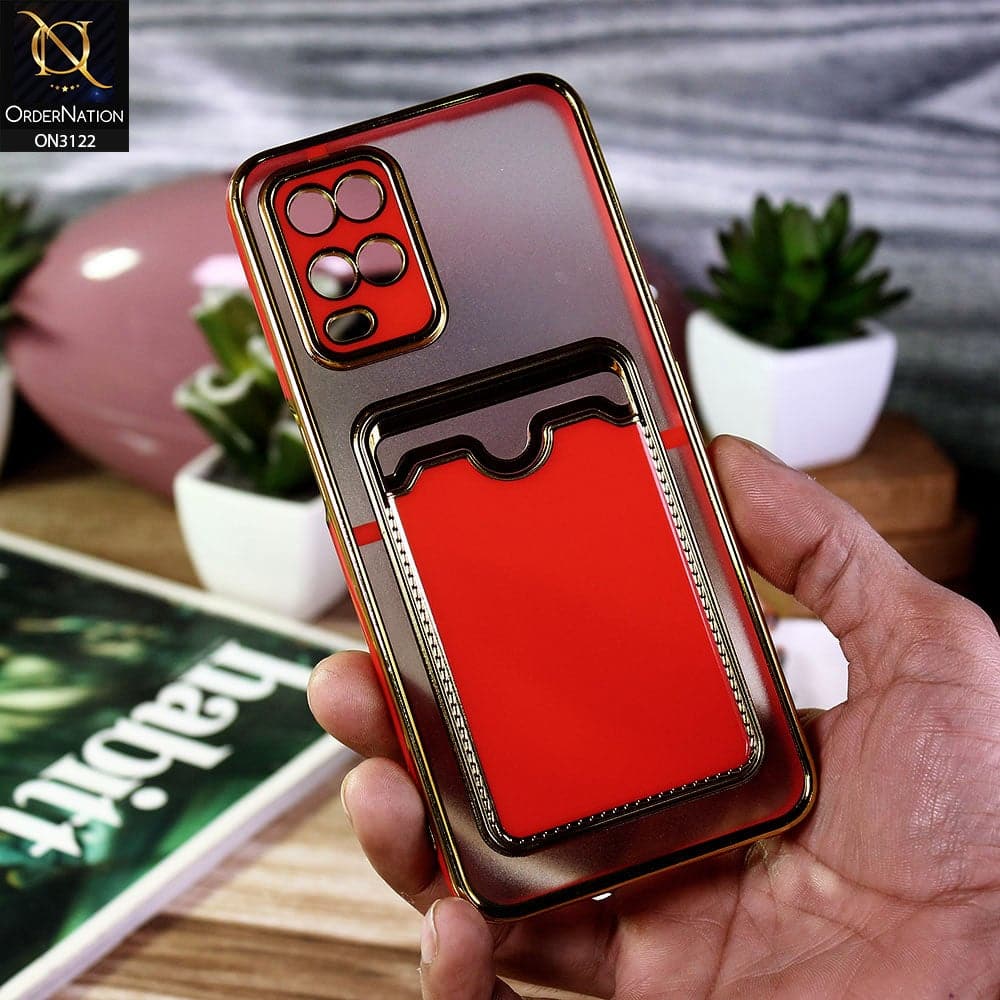 Oppo A54 4G Cover - Red - Semi Transparent Golden Electroplated Soft Border Camera Protection Case With Card Holder