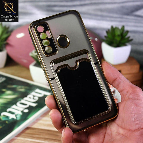 Tecno Camon 17 Cover - Black - Semi Transparent Golden Electroplated Soft Border Camera Protection Case With Card Holder