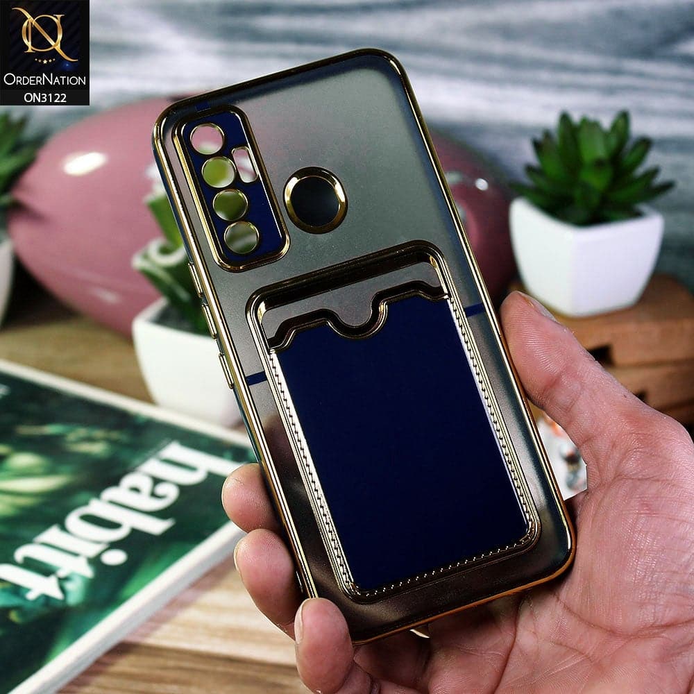 Tecno Camon 17 Cover - Blue - Semi Transparent Golden Electroplated Soft Border Camera Protection Case With Card Holder