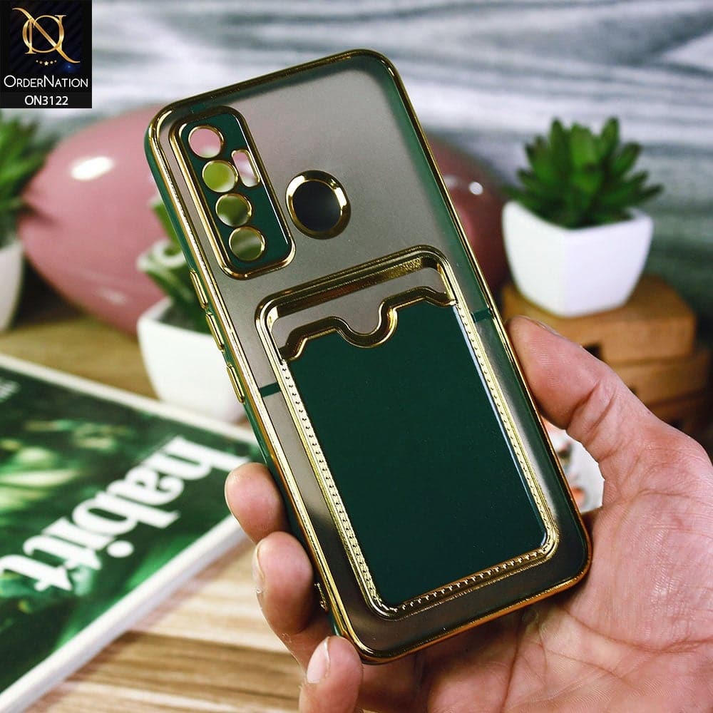 Tecno Camon 17 Cover - Dark Green - Semi Transparent Golden Electroplated Soft Border Camera Protection Case With Card Holder