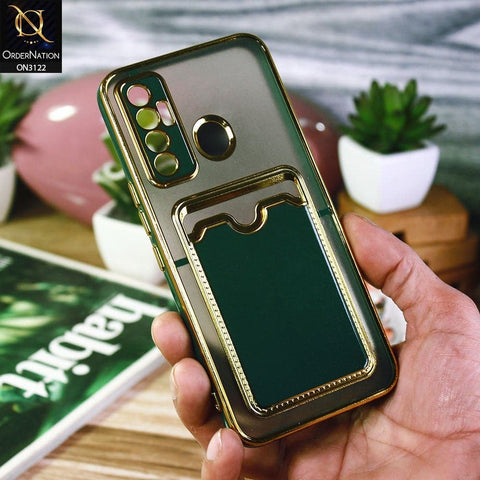 Tecno Camon 17 Cover - Dark Green - Semi Transparent Golden Electroplated Soft Border Camera Protection Case With Card Holder