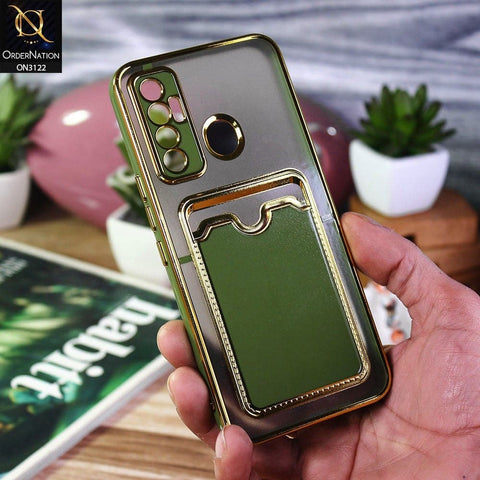 Tecno Camon 17 Cover - Light Green - Semi Transparent Golden Electroplated Soft Border Camera Protection Case With Card Holder