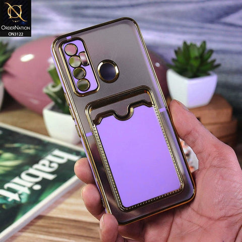 Tecno Camon 17 Cover - Purple - Semi Transparent Golden Electroplated Soft Border Camera Protection Case With Card Holder