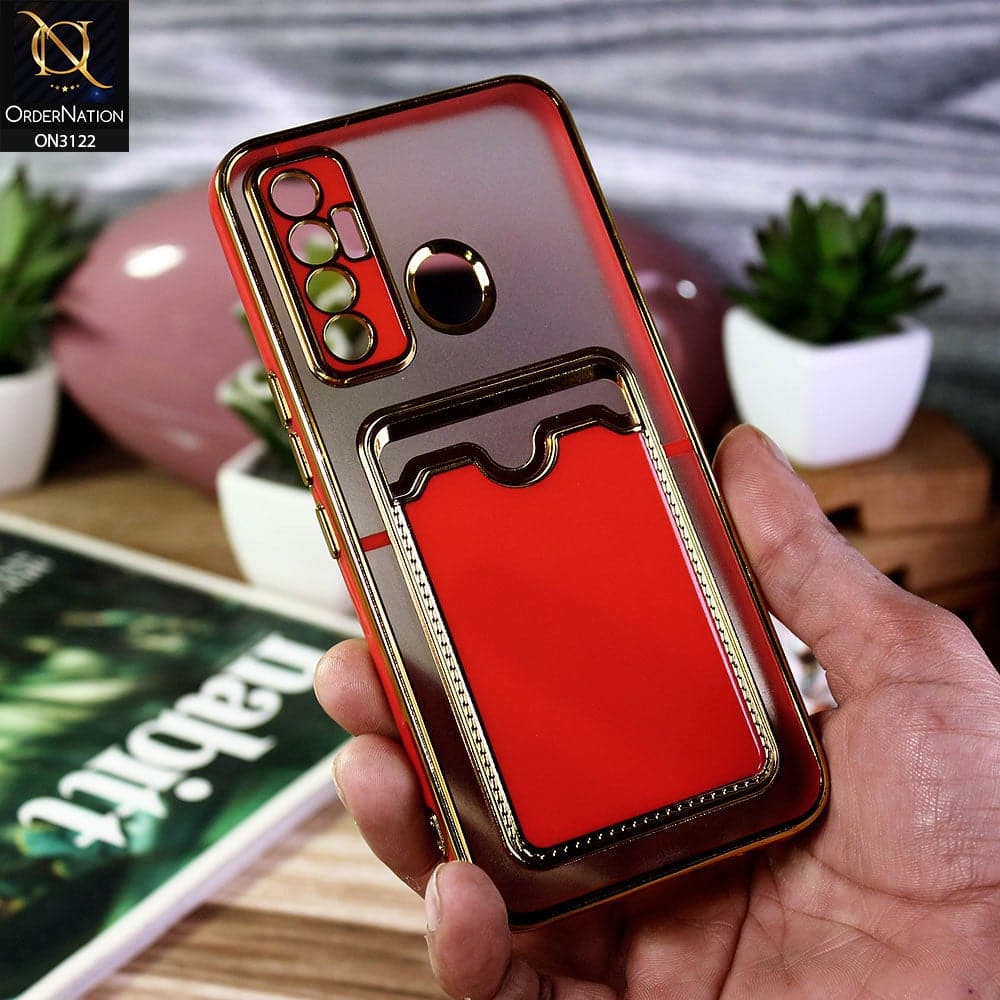 Tecno Camon 17 Cover - Red - Semi Transparent Golden Electroplated Soft Border Camera Protection Case With Card Holder