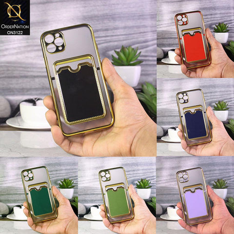iPhone 11 Pro Max Cover - Purple - Semi Transparent Golden Electroplated Soft Border Camera Protection Case With Card Holder