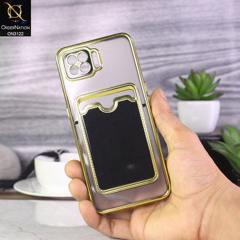 Oppo A73 Cover - Black - Semi Transparent Golden Electroplated Soft Border Camera Protection Case With Card Holder