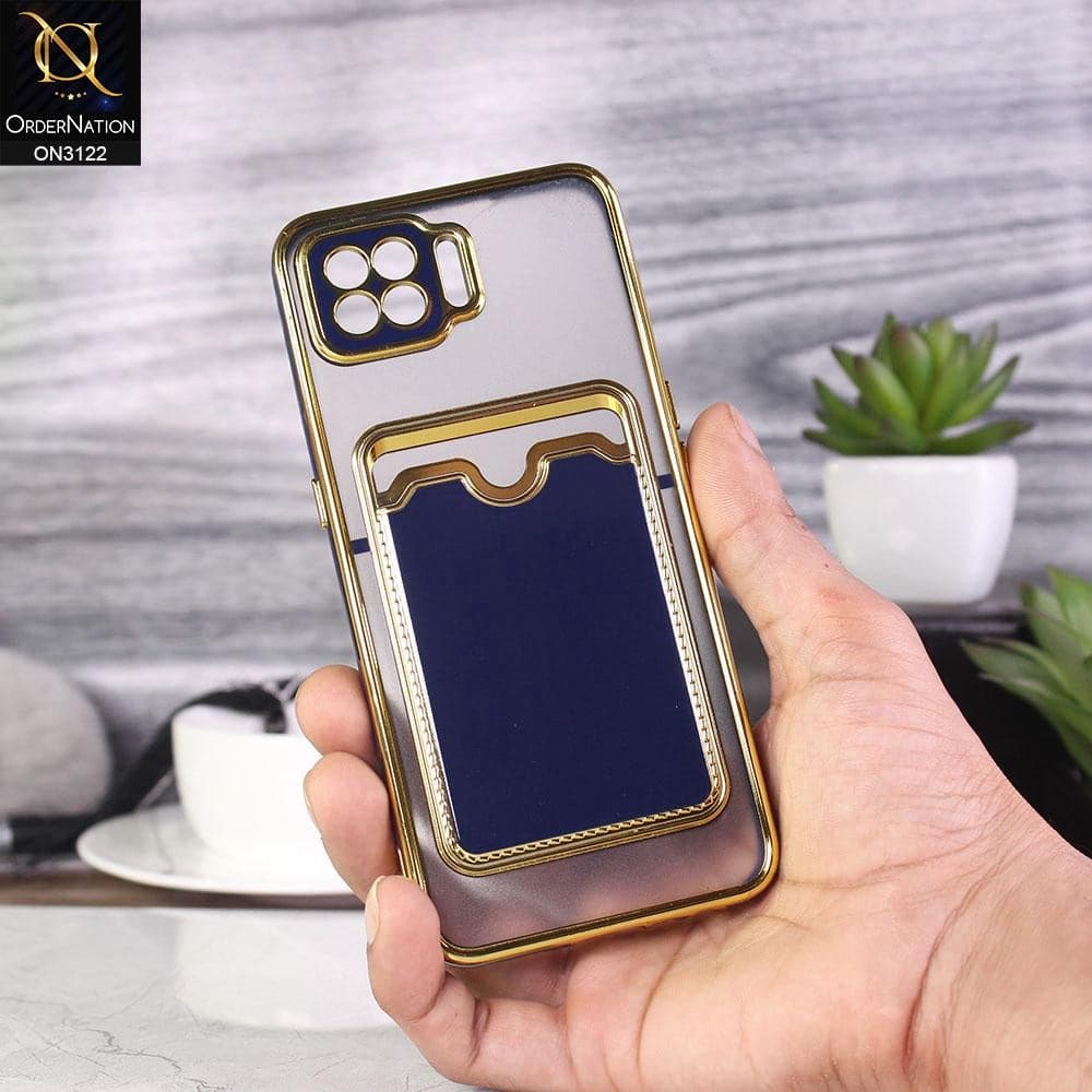 Oppo A73 Cover - Blue - Semi Transparent Golden Electroplated Soft Border Camera Protection Case With Card Holder